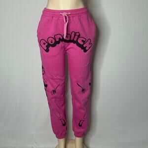 Hot Pink Graphic Joggers Medium Y2K Streetwear Drawstring Sweatpants i4L
